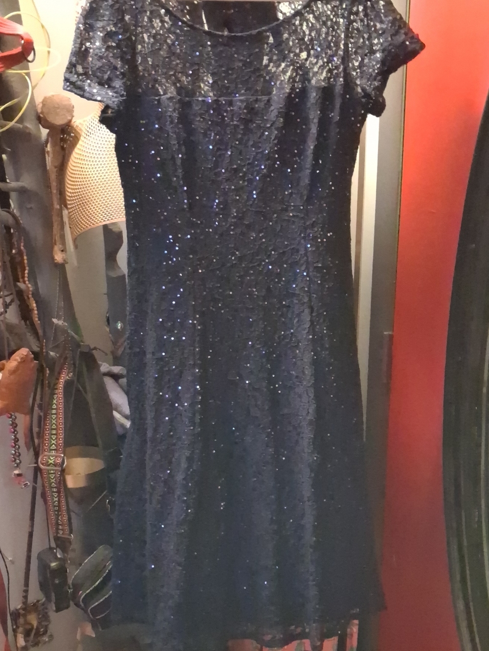 SLNY Navy Sequin Cap Sleeve Full Skirted Dress